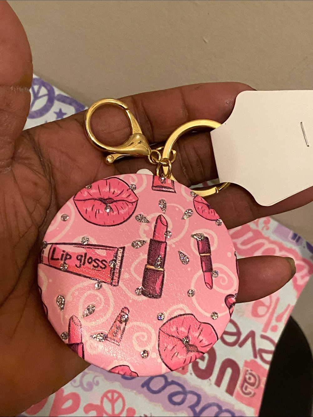 Pink Lip Gloss Pattern Compact Keychain With Mirror